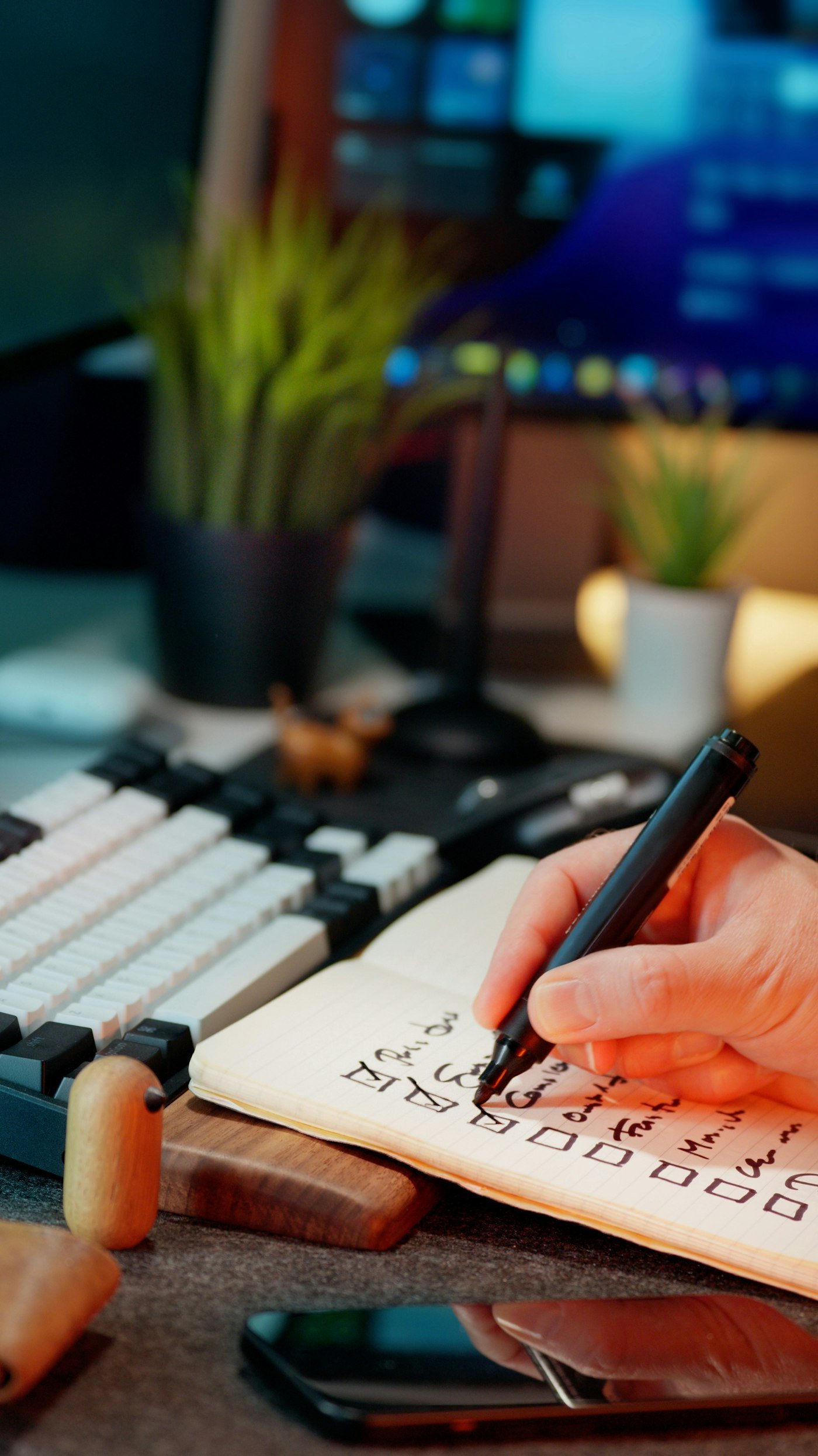 A hand ticking off a list in a notebook beside a keyboard