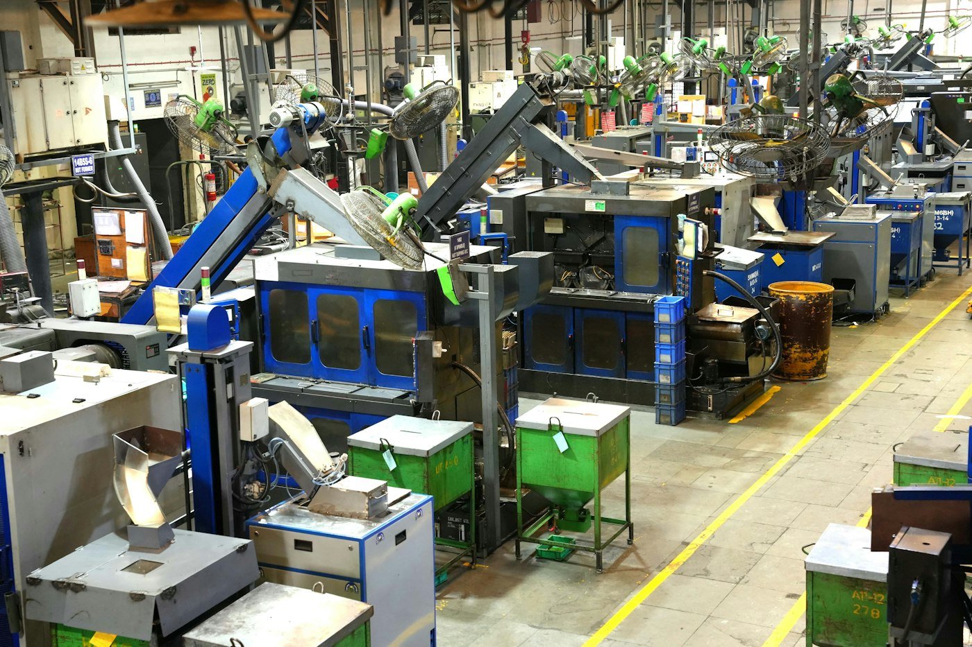 Machinery on the floor of a factory, seen from above