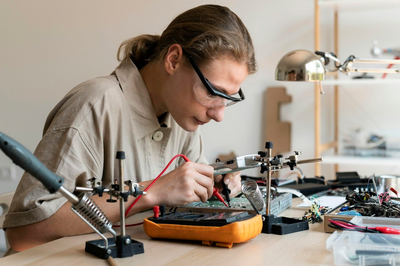 A technician in safety glasses testing a circuit board with a multimeter at a workbench