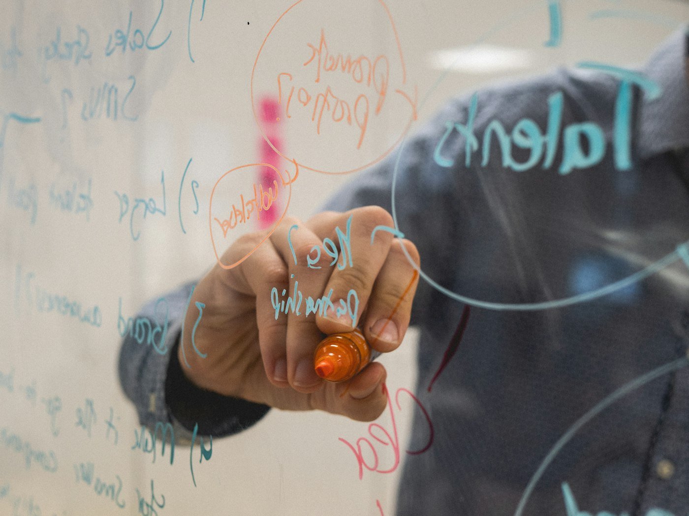 A founder sketching plans on a glass board