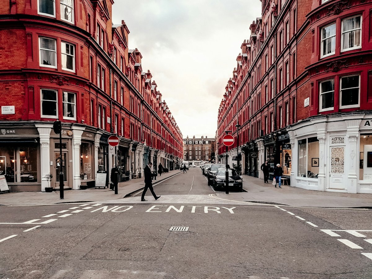 A London street of red brick mansion blocks